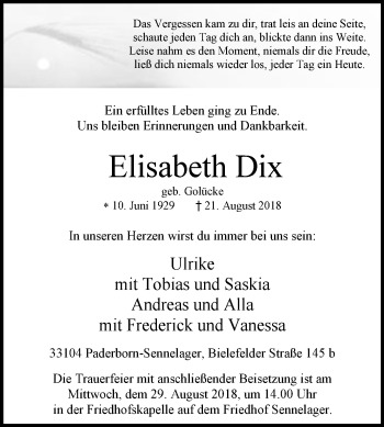 Traueranzeige von Elisabeth Dix von Westfalen-Blatt