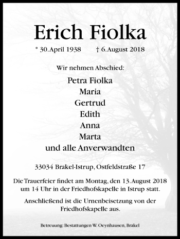 Traueranzeige von Erich Fiolka von Westfalen-Blatt