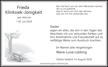 Traueranzeige von Frieda Klinksiek-Jonigkeit von Westfalen-Blatt