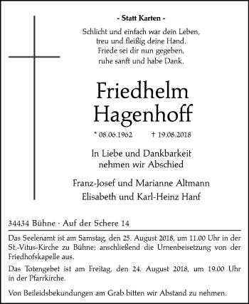 Traueranzeige von Friedhelm Hagenhoff von Westfalen-Blatt