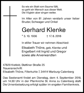 Traueranzeige von Gerhard Klenke von Westfalen-Blatt