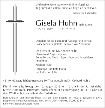 Traueranzeige von Gisela Huhn von Westfalen-Blatt