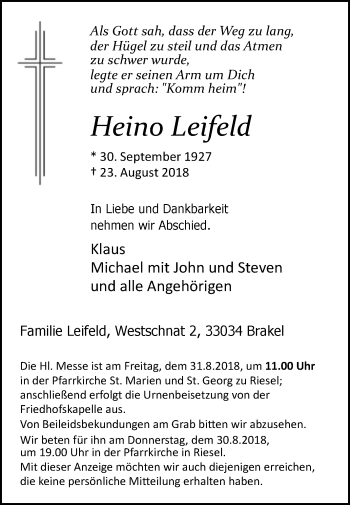 Traueranzeige von Heino Leifeld von Westfalen-Blatt