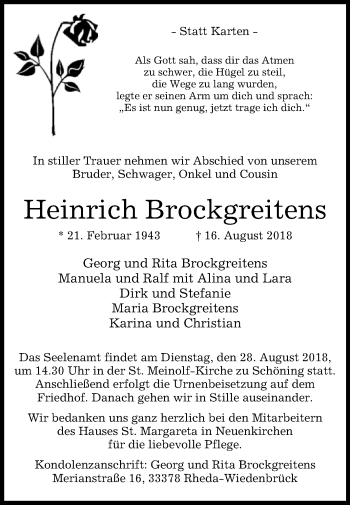 Traueranzeige von Heinrich Brockgreitens von Westfalen-Blatt