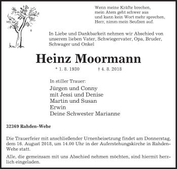 Traueranzeige von Heinz Moormann von Westfalen-Blatt