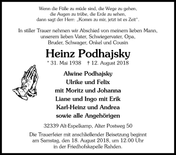 Traueranzeige von Heinz Podhajsky von Westfalen-Blatt