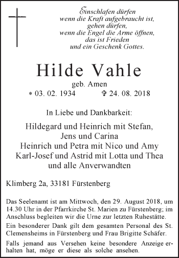 Traueranzeige von Hilde Vahle von Westfalen-Blatt