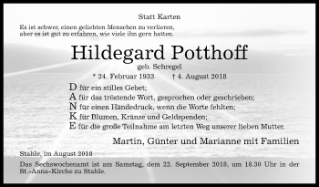 Traueranzeige von Hildegard Potthoff von Westfalen-Blatt