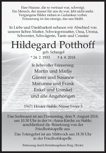 Traueranzeige von Hildegard Potthoff von Westfalen-Blatt