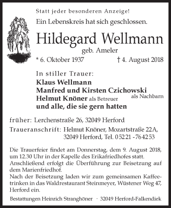 Traueranzeige von Hildegard Wellmann von Westfalen-Blatt