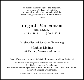 Traueranzeige von Irmgard Dünnermann von Westfalen-Blatt