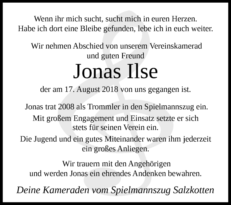  Traueranzeige für Jonas Ilse vom 22.08.2018 aus Westfalen-Blatt