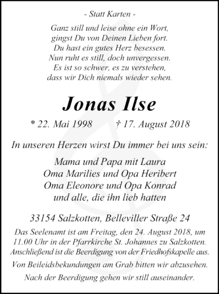  Traueranzeige für Jonas Ilse vom 21.08.2018 aus Westfalen-Blatt