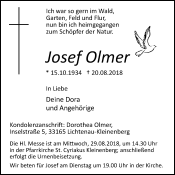 Traueranzeige von Josef Olmer von Westfalen-Blatt