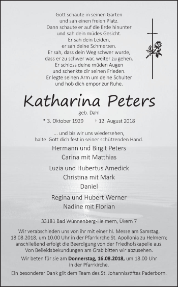 Traueranzeige von Katharina Peters von Westfalen-Blatt