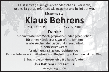 Traueranzeige von Klaus Behrens von Westfalen-Blatt