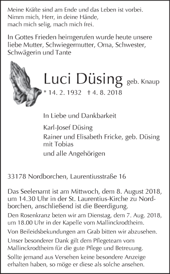 Traueranzeige von Luci Düsing von Westfalen-Blatt