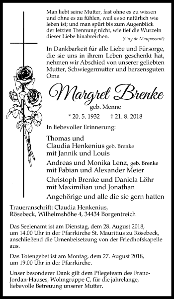 Traueranzeige von Margret Brenke von Westfalen-Blatt