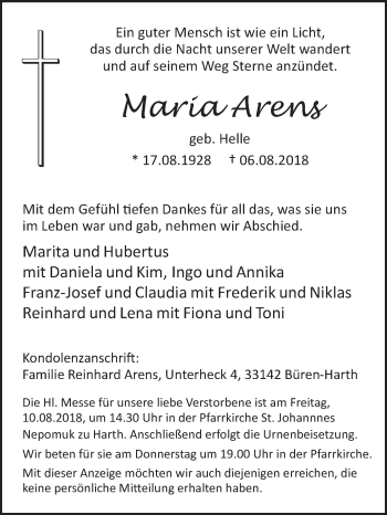 Traueranzeige von Maria Arens von Westfalen-Blatt