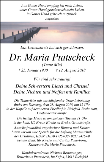 Traueranzeige von Maria Ptatscheck von Westfalen-Blatt