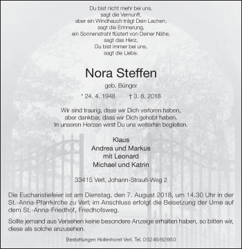 Traueranzeigen von Nora Steffen | www.westfalen-blatt.de