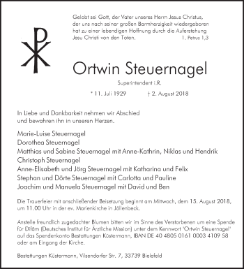 Traueranzeige von Ortwin Steuernagel von Westfalen-Blatt