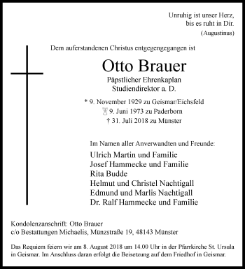 Traueranzeige von Otto Brauer von Westfalen-Blatt