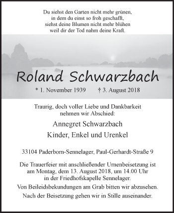 Traueranzeige von Roland Schwarzbach von Westfalen-Blatt