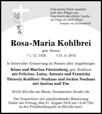 Traueranzeige von Rosa-Maria Kohlbrei von Westfalen-Blatt