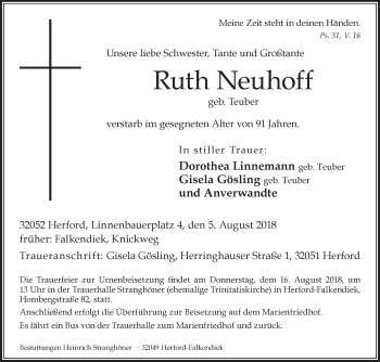 Traueranzeige von Ruth Neuhoff von Westfalen-Blatt