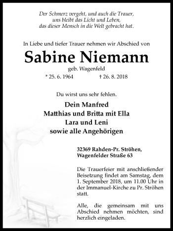 Traueranzeige von Sabine Niemann von Westfalen-Blatt