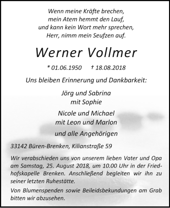 Traueranzeige von Werner Vollmer von Westfalen-Blatt