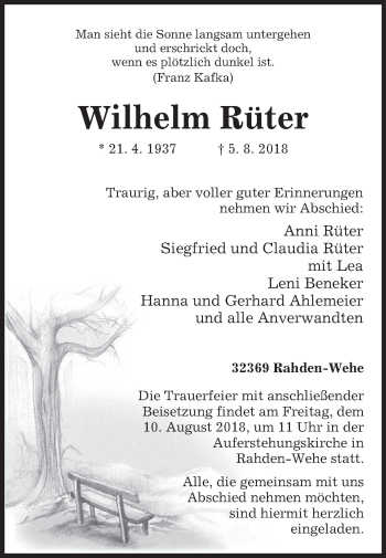 Traueranzeige von Wilhelm Rüter von Westfalen-Blatt