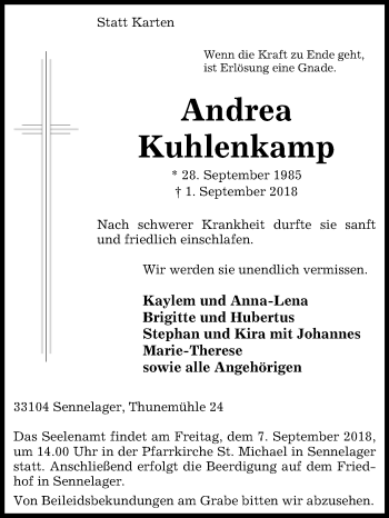 Traueranzeige von Andrea Kuhlenkamp von Westfalen-Blatt