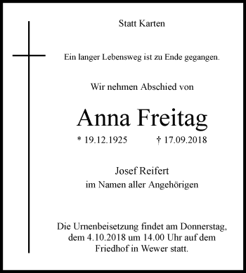 Traueranzeige von Anna Freitag von Westfalen-Blatt