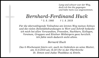 Traueranzeige von Bernhard-Ferdinand Huck von Westfalen-Blatt