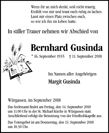 Traueranzeige von Bernhard Gusinda von Westfalen-Blatt