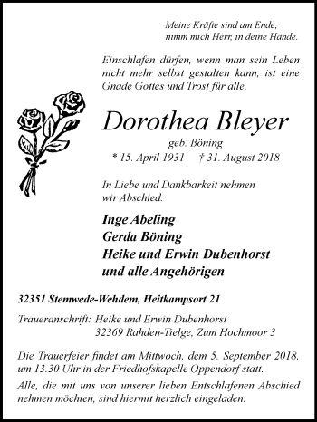 Traueranzeige von Dorothea Bleyer von Westfalen-Blatt