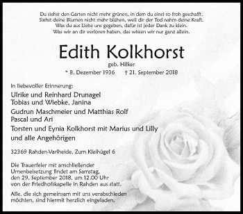 Traueranzeige von Edith Kolkhorst von Westfalen-Blatt