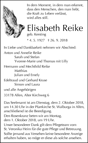 Traueranzeige von Elisabeth Reike von Westfalen-Blatt