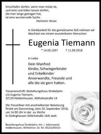 Traueranzeige von Eugenia Tiemann von Westfalen-Blatt