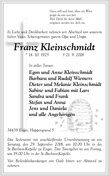 Traueranzeige von Franz Kleinschmidt von Westfalen-Blatt