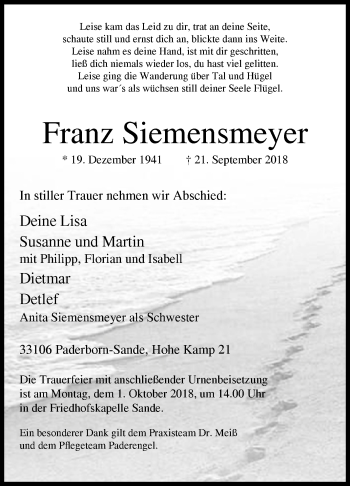 Traueranzeige von Franz Siemensmeyer von Westfalen-Blatt