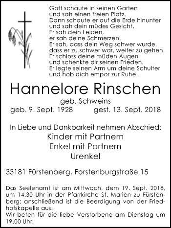 Traueranzeige von Hannelore Rinschen von Westfalen-Blatt