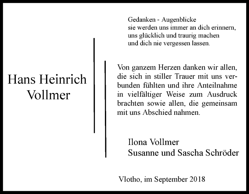  Traueranzeige für Hans Heinrich Vollmer vom 01.09.2018 aus Westfalen-Blatt