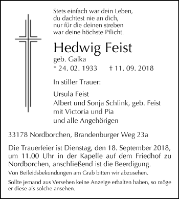 Traueranzeige von Hedwig Feist von Westfalen-Blatt