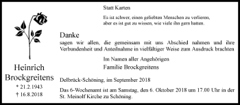 Traueranzeige von Heinrich Brockgreitens von Westfalen-Blatt