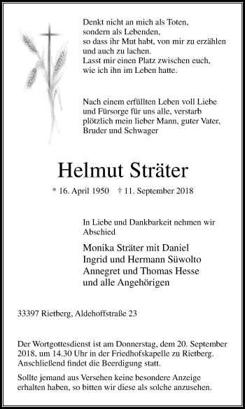 Traueranzeige von Helmut Sträter von Westfalen-Blatt