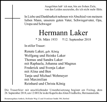 Traueranzeige von Hermann Laker von Westfalen-Blatt