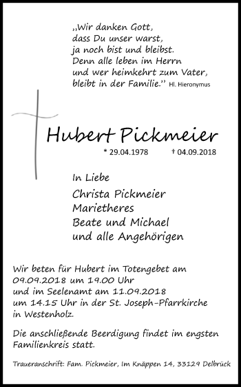 Traueranzeige von Hubert Pickmeier von Westfalen-Blatt